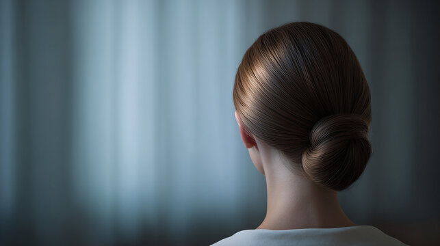 A woman with her hair styled in a neat bun. The shot focuses on the back of her head