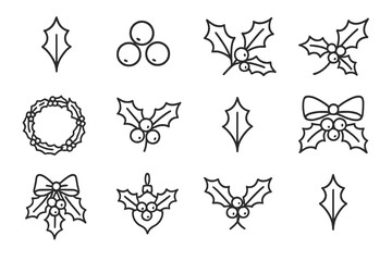 Fototapeta premium Holly Icon Set. Holly leaves and berries. Line outline icon set of holly leaves and berries: classic holly