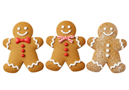 Three freshly baked gingerbread men cookies with bright icing smiles, red bows, and buttons, isolated on a transparent background with copy space, embodying a festive Christmas holiday food concept