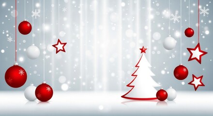 Ein wei&szlig;er stilisierter Weihnachtsbaum steht zwischen roten und wei&szlig;en Kugeln und Sternen vor einem glitzernden Winterhintergrund und wirkt modern, klar und festlich. Generative KI