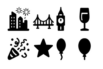 Fototapeta premium New Year Icons. New Year Skyline. Filled icon set of New Year Skyline: tall buildings, fireworks, bridge,