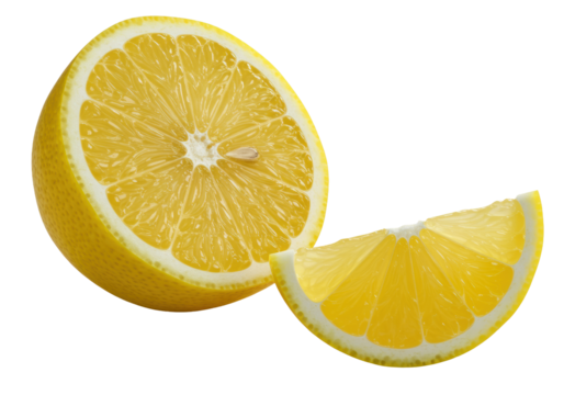 Vibrant yellow lemon half and wedge, juicy pulp, textured peel on transparent background, macro close-up, photorealistic. Concept of freshness and natural beauty