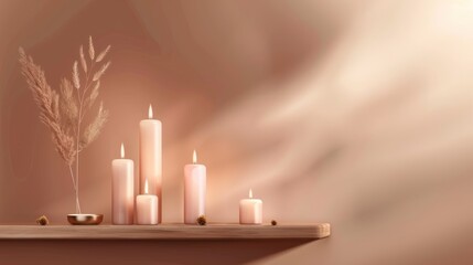 Candlelit Decor with Pink Candles and Pampas Grass on Wooden Shelf in Soft Warm Lighting