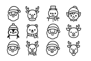 Obraz premium Cute Winter Icons. Cute winter characters. Line outline icon set of cute winter characters: kawaii Santa,