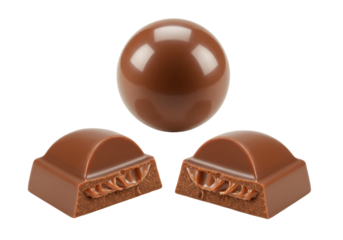 A glossy milk chocolate sphere floats above two broken, textured halves, revealing rich brown interior, on a transparent background with copy space, luxurious confectionery concept