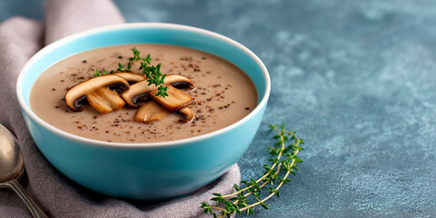 Creamy mushroom soup in blue bowl garnished with sautéed mushrooms, fresh thyme and black pepper on textured background