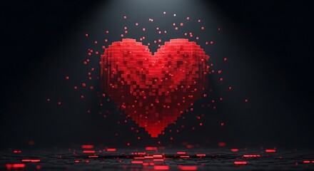 3D Red Pixel Heart Exploding with Red Particles love