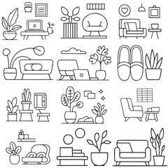 Modern Minimalist Home Interior Vector Icons Living Room, Plants, Furniture & Cozy Home Decor Line Art Set