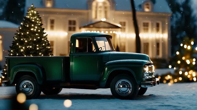 Classic pickup truck parked in winter wonderland with festive lights and snow at night