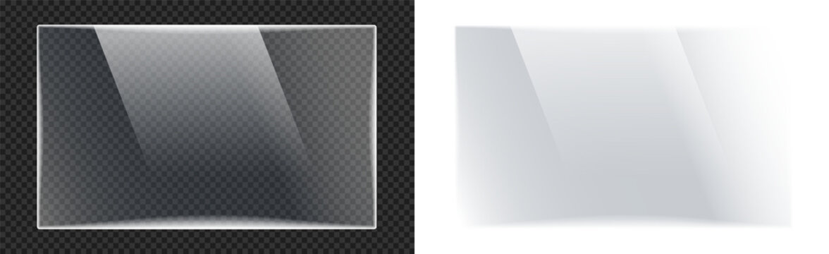 Realistic transparent glass plate panel texture with shiny glossy light glare reflective surface overlay effect on isolated png background rectangle gradient window.