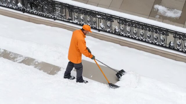 Man shoveling snow from sidewalk in winter weather to keep path clear and safe