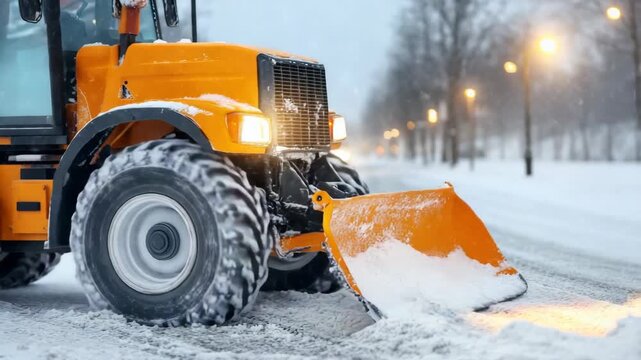 Snow removal takes place during a winter storm on city streets with heavy snowfall and snowplow in action