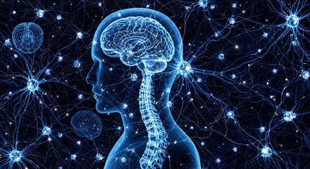 Human brain neurons concept in blue, connecting the spinal cord on dark background. Concept for neurology, medical research and neuroscience