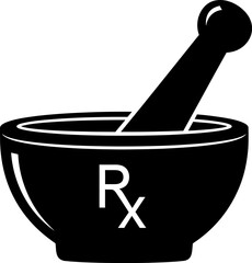 Drug preparation pharmacy icon, Mortar and pestle icon black silhouette on white background,Pharmacy Mortar and Pestle with RX Symbol