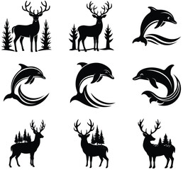 Set of deer silhouette vectors,dolfin,