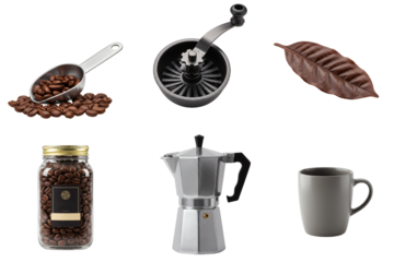 Coffee brewing essentials with beans, grinder, and mug on white background  