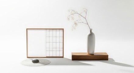 Minimalist composition with wooden elements and floral arrangement on white