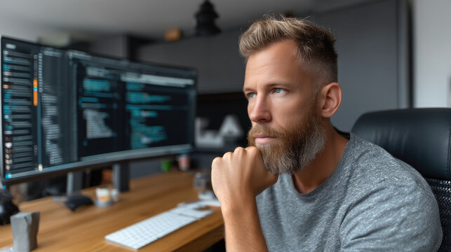 Focused programmer debugging code on dual monitors in modern office, thoughtful expression, technology workspace, software development