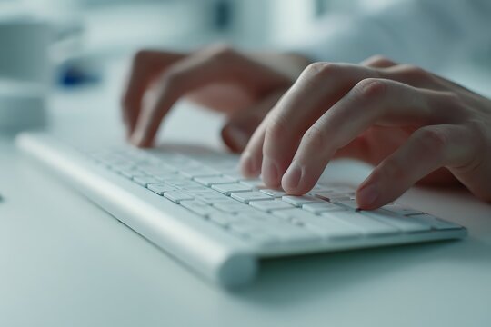 Hands typing on wireless keyboard, busy working