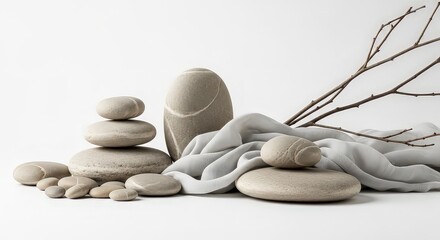 Stacked stones and flowing fabric against a clean white background