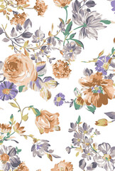 Romantic floral print with wildflowers sketch. Seamless pattern, gentle botanical background with various small flowers. Vector illustration.