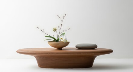 Minimalist floral arrangement with wooden bowl and stone on table