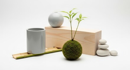 Minimalist composition with plants and decorative elements against a white backdrop