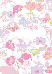 Romantic floral print with wildflowers sketch. Seamless pattern, gentle botanical background with various small flowers. Vector illustration.