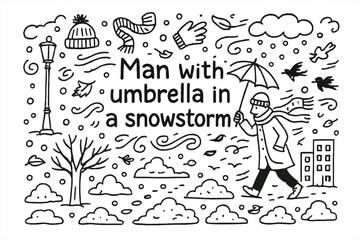 Snowstorm Umbrella Doodle. Man with umbrella in a snowstorm. Hand-drawn doodle illustration of Man with