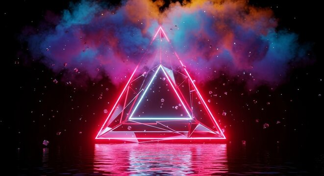 Glowing triangle structure with neon lights reflecting in water against a colorful smoke background - Powered by Adobe