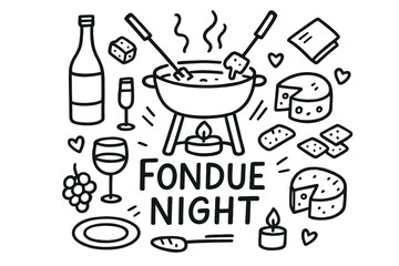 Fondue Night Doodle. Fondue Night. Hand-drawn doodle illustration of Fondue Night. Fondue pot, cheese, forks,