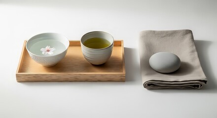 Minimalist tea ceremony two bowls of tea and a towel on a white surface