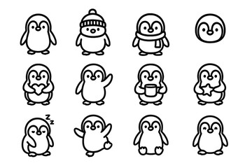Cute Penguin Icons. Cute penguins. Line outline icon set of cute penguins: standing penguin, penguin with