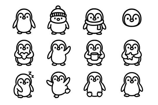 Cute Penguin Icons. Cute penguins. Line outline icon set of cute penguins: standing penguin, penguin with