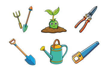 A set of  gardening icons with various tools for planting flowers and trees in a spring garden