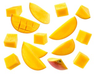 Fototapeta premium Sections of ripe, golden fruit arranged against a stark white background