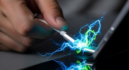 Closeup of a hand connecting a charging cable to a device, with electric sparks indicating power transfer