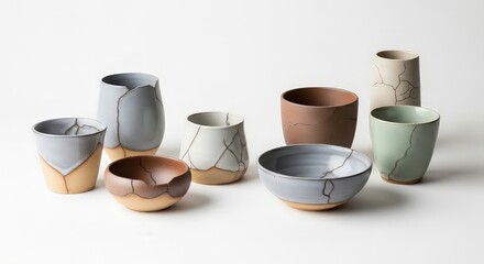 Collection of handcrafted ceramic vessels with unique crack patterns on white backdrop