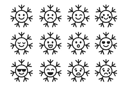 Expressive Snowflake Icons. Expressive snowflakes. Line outline icon set of expressive snowflakes: happy