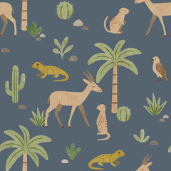 Obraz premium A repeating pattern of desert animals and cactuses on a background with desert plants