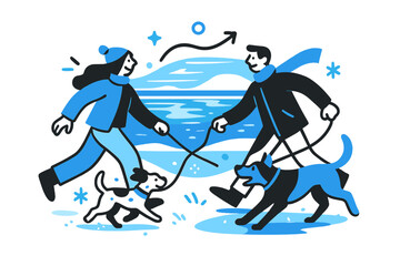 Winter Walk Harmony. Friends walking dogs near frozen lake. Reflections shimmer under fading sunlight, snow