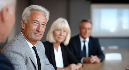 Obraz premium Senior business executive in grey suit sitting at conference table with colleagues, confident and professional atmosphere in modern office