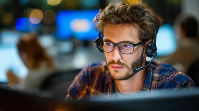 Focused customer service representative wearing a headset in a modern office setting