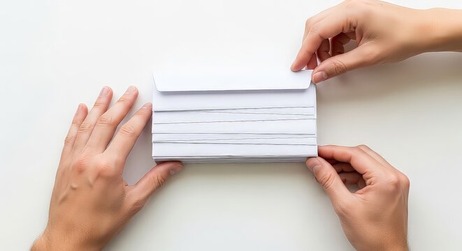 Hands arranging white cards on a white surface with copy space for design - Powered by Adobe