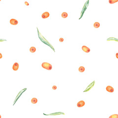 Sea buckthorn seamless pattern hand drawn watercolor. Botanical illustration food print, cluster with bright orange berries and juicy leaves. Drawing for packaging, textile, wallpaper, packing paper