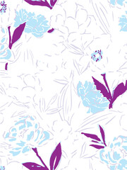 Romantic floral print with wildflowers sketch. Seamless pattern, gentle botanical background with various small flowers. Vector illustration.