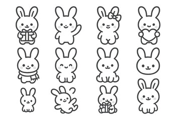 Naklejka premium Kawaii Bunny Icon Set. Kawaii bunnies. Line outline icon set of kawaii bunnies: bunny holding gift, bunny