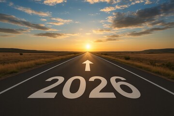 Highway road with 2026 and arrow pointing to horizon symbolizing path to success in the New Year