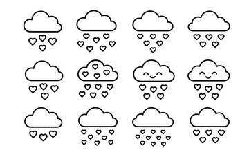 Heart Clouds Icons. Falling heart clouds. Line outline icon set of falling heart clouds: cloud with hearts,