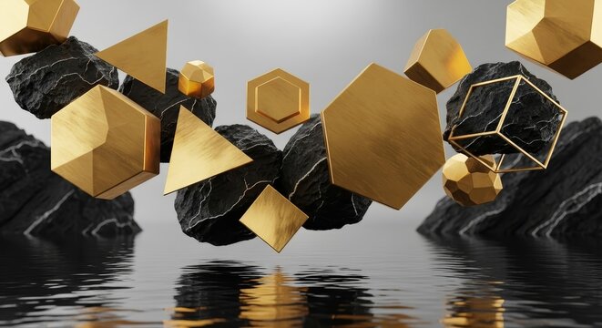 Golden geometric shapes and dark rocks floating above water in a surreal abstract scene render